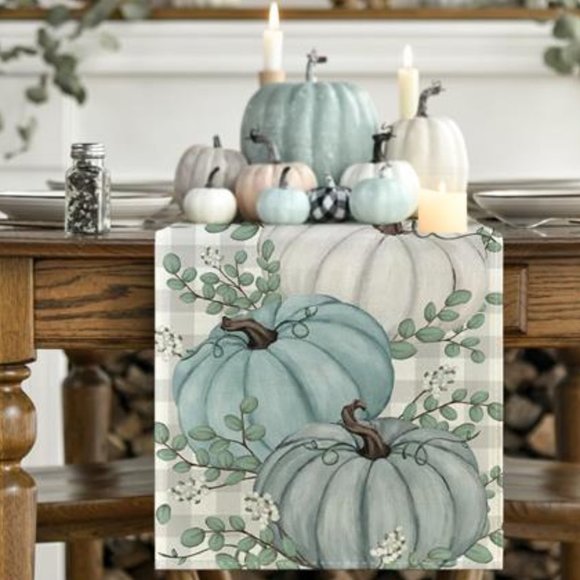 Pumpkin Table Runner Decorative Cloth Thanksgiving Decoration Blue Fall Decor - Picture 2 of 9
